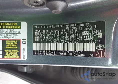 2019 Toyota Corolla L/Le/Xle/Se/Xse z USA, uszkodzony, nr VIN 2T1BURHE9KC204192